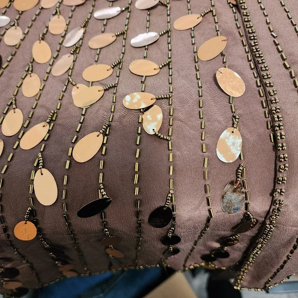 Vintage 100% Silk Chocolate Brown Copper Sequin Beaded Cardigan - Picture 7 of 7